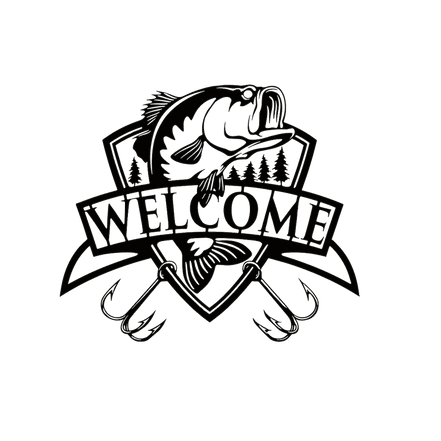 Black metal fish wall decor with trees and 'Welcome' banner