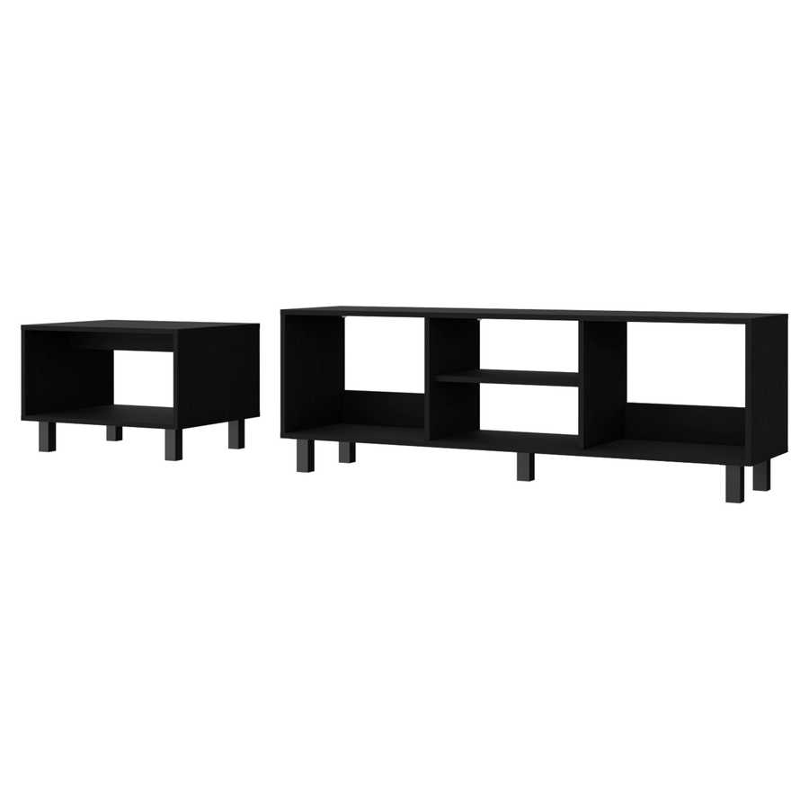 Modern Hoven TV stand and coffee table set in black wood finish, ideal for stylish living room setups with open storage design.