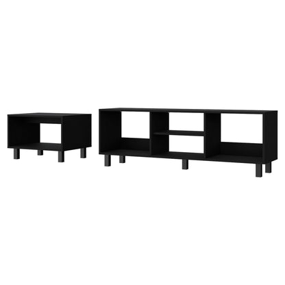 Modern Hoven TV stand and coffee table set in black wood finish, ideal for stylish living room setups with open storage design.
