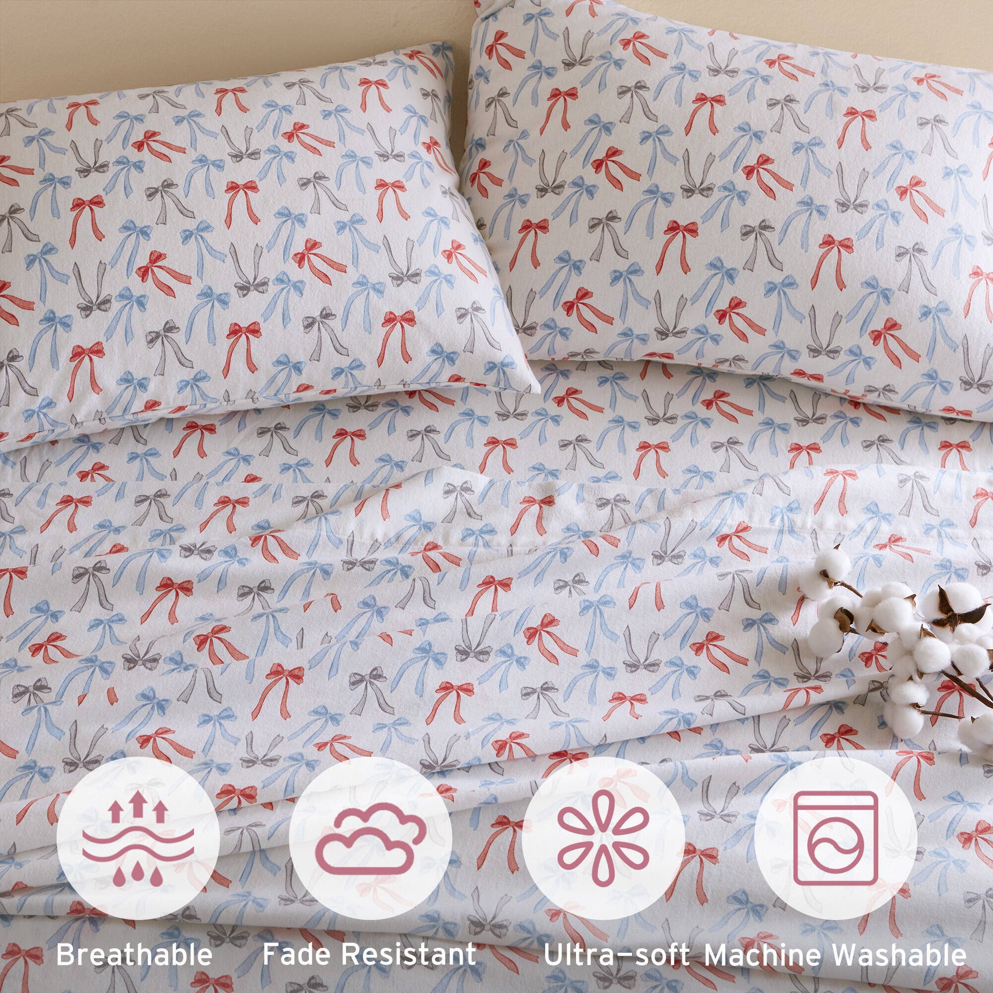 Happy Bows flannel bedding highlighting breathable, fade-resistant, ultra-soft, and machine washable features.