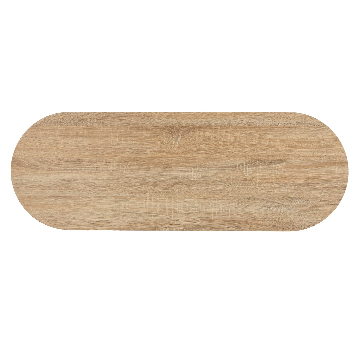 Top-down view of Dagney Wine Bar Table Storage’s elongated tabletop in natural wood finish, perfect for serving and display.