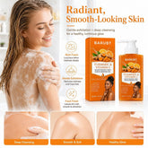 A promotional skincare graphic for BARUBT Turmeric & Vitamin C moisturizing body wash. The left side shows a smiling woman with wet hair and white foam on her back, while the right side displays the orange product box and pump bottle.