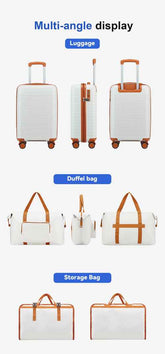 Side view of white and black hard-shell suitcases with orange trim, showing their multi-angle display with telescoping handles and spinner wheels.