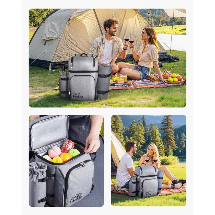 Grey picnic backpack with utensils and wine glasses for outdoor dining