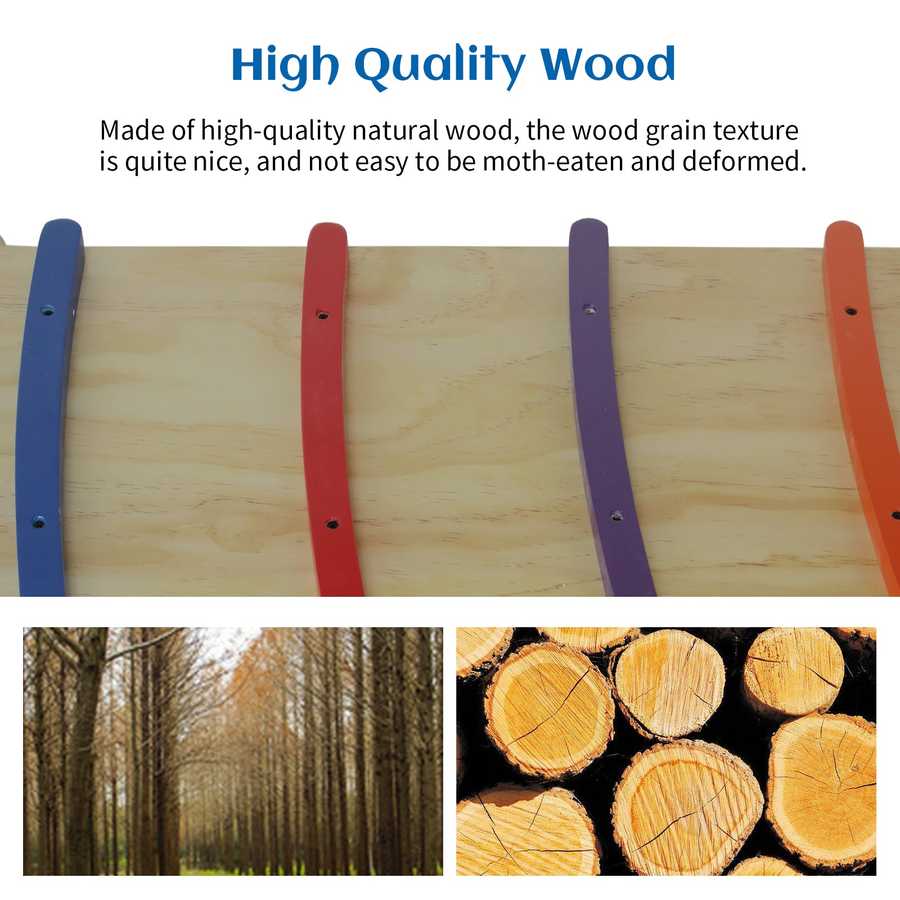 Wooden board with straps and text about high-quality wood, surrounded by images of trees and logs.
