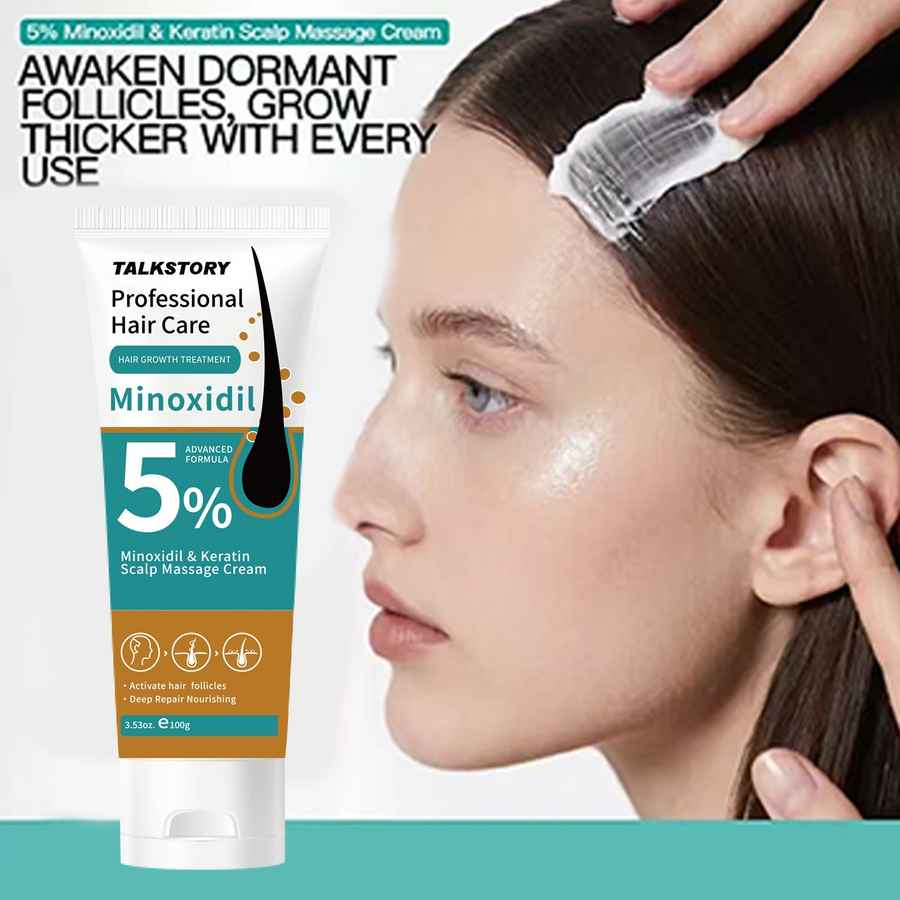 A tube of TalkStory Professional Hair Care Minoxidil 5% scalp massage cream is shown next to a woman with her hair being treated, with promotional text at the top.