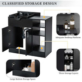 Black storage cabinet with features highlighted on a white background