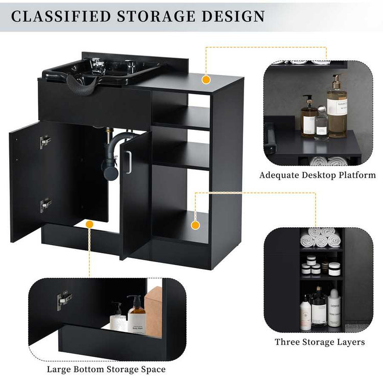Black storage cabinet with features highlighted on a white background