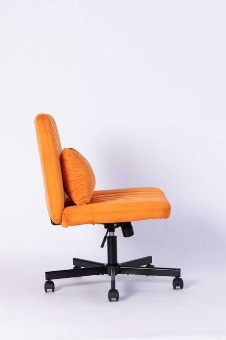 Side profile of the Orange Velvet Office Chair showing thick cushioned seat and adjustable height lever for comfort.