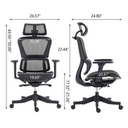 Dimension chart of high back mesh office chair showing adjustable height, seat depth, and backrest width for ergonomic customization.