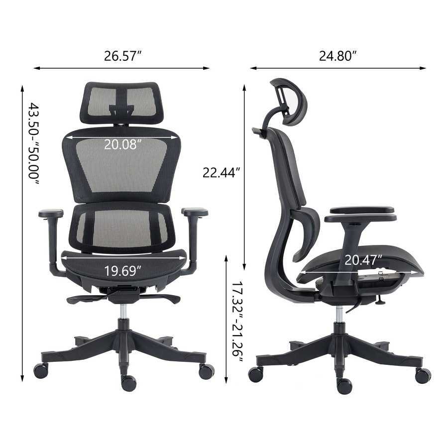 Dimension chart of high back mesh office chair showing adjustable height, seat depth, and backrest width for ergonomic customization.