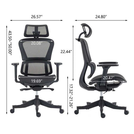 Dimension chart of high back mesh office chair showing adjustable height, seat depth, and backrest width for ergonomic customization.