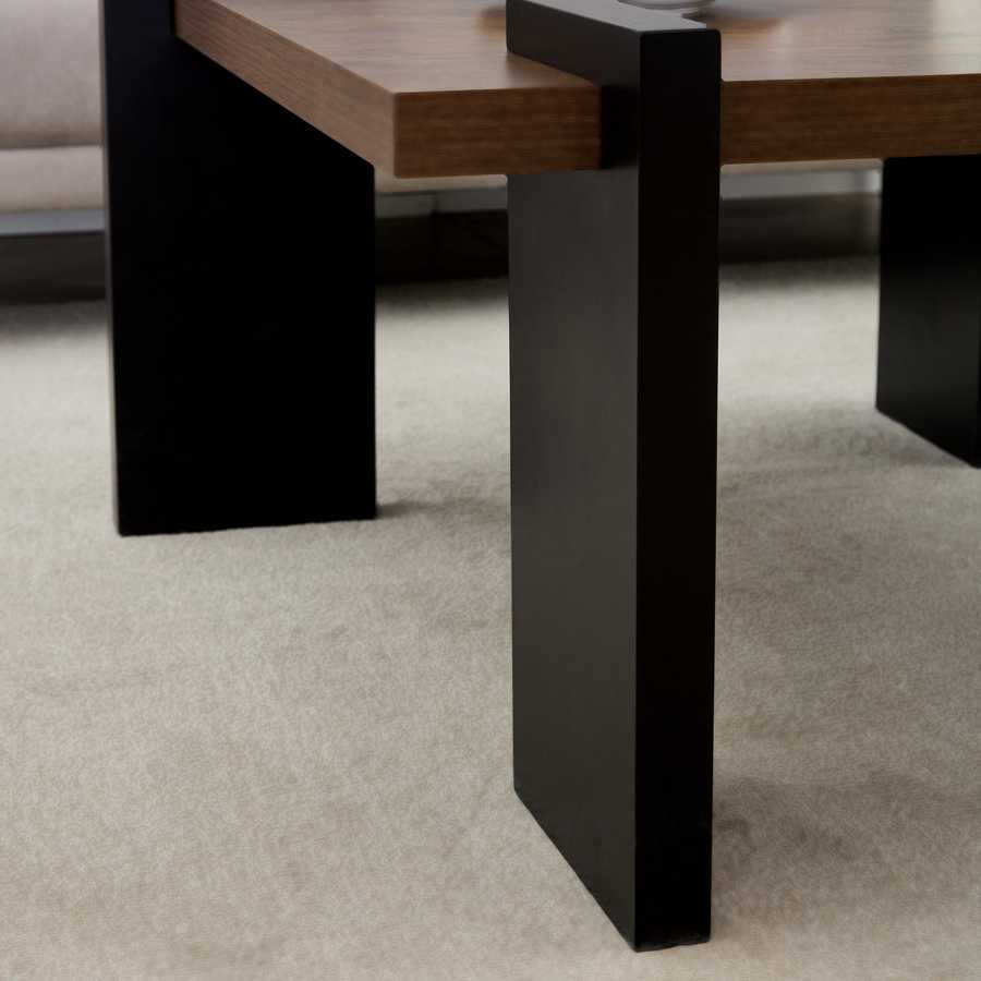 Modern Walnut Coffee Table - MDF Style leg detail showing sleek black finish and stable support structure.