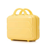 Side view of yellow ABS spinner luggage with zipper closure and smooth surface, emphasizing its stylish and functional design.