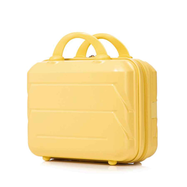 Side view of yellow ABS spinner luggage with zipper closure and smooth surface, emphasizing its stylish and functional design.