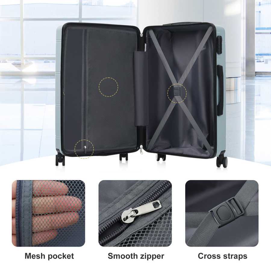 Pink suitcase with open lid showing mesh pocket, smooth zipper, and cross straps on a white background.