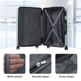 Pink suitcase with open lid showing mesh pocket, smooth zipper, and cross straps on a white background.