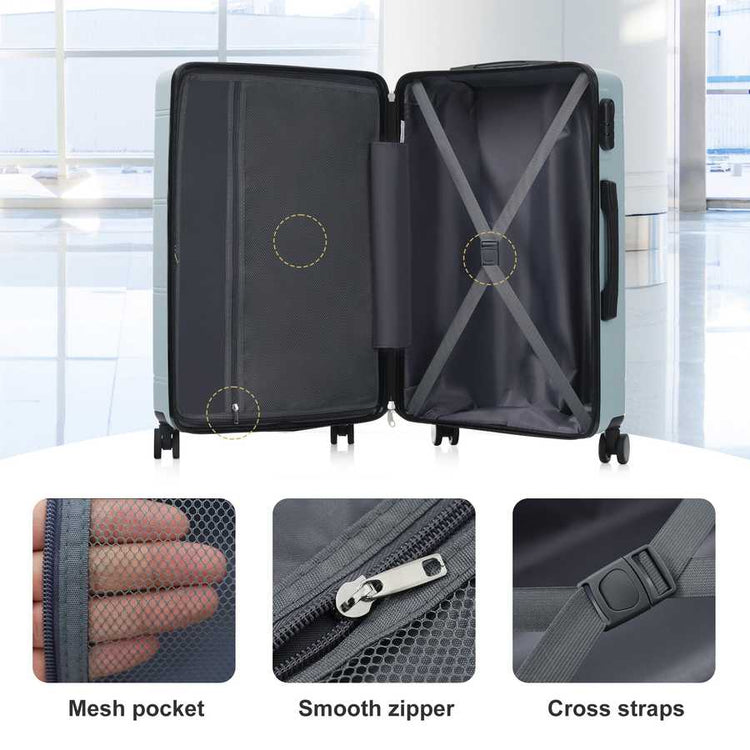 Pink suitcase with open lid showing mesh pocket, smooth zipper, and cross straps on a white background.