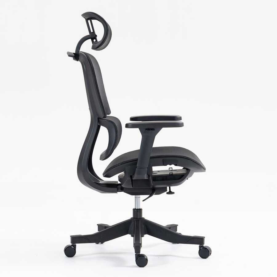 Side view of ergonomic high back mesh office chair with contoured seat and adjustable armrests. Designed for all-day office comfort.