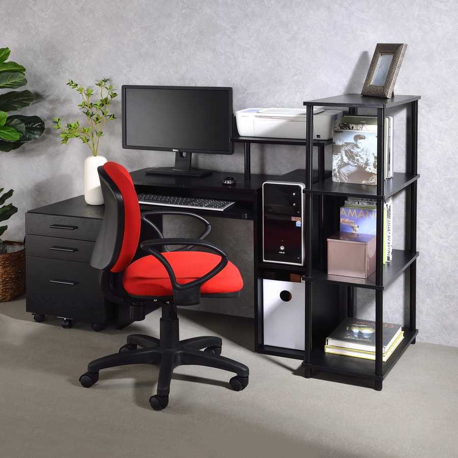 Black computer desk with keyboard tray and open shelving for office furniture