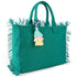 Green handbag with fringe details and colorful tassels on a white background
