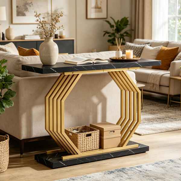 A modern hexagonal console table with a black marble top and base, and a gold-toned geometric metal frame, styled in a bright living room.