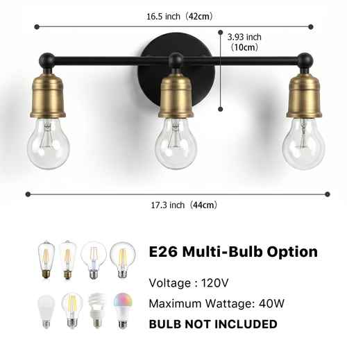 Three-light wall sconce with a black metal bar and round backplate, three brass-toned bulb sockets, and clear E26 multi-bulb options shown below. The image includes dimension callouts for width and height and text noting 120V, 40W maximum wattage, and bulb not included.