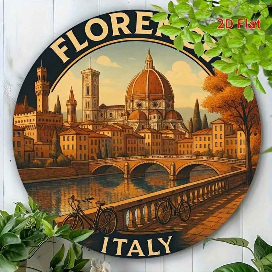 Round decorative wall art featuring a Florence, Italy cityscape with the Duomo dome, bridge, river, and bicycles, styled on a white wood background with green plant leaves around it. Text on the artwork reads “FLORENCE” at the top and “ITALY” at the bottom, with “2D Flat” in the upper right.