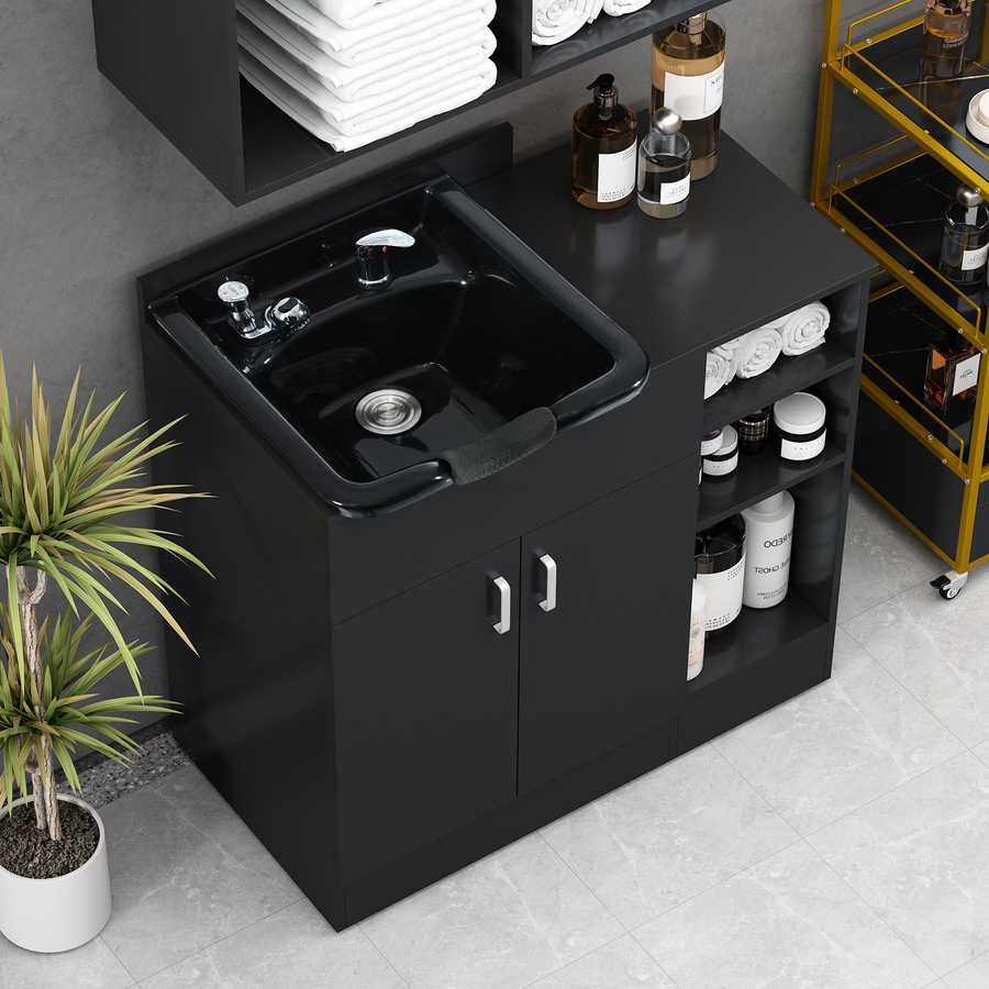 Black bathroom vanity with sink and shelves in a modern bathroom setting.