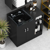 Black bathroom vanity with sink and shelves in a modern bathroom setting.