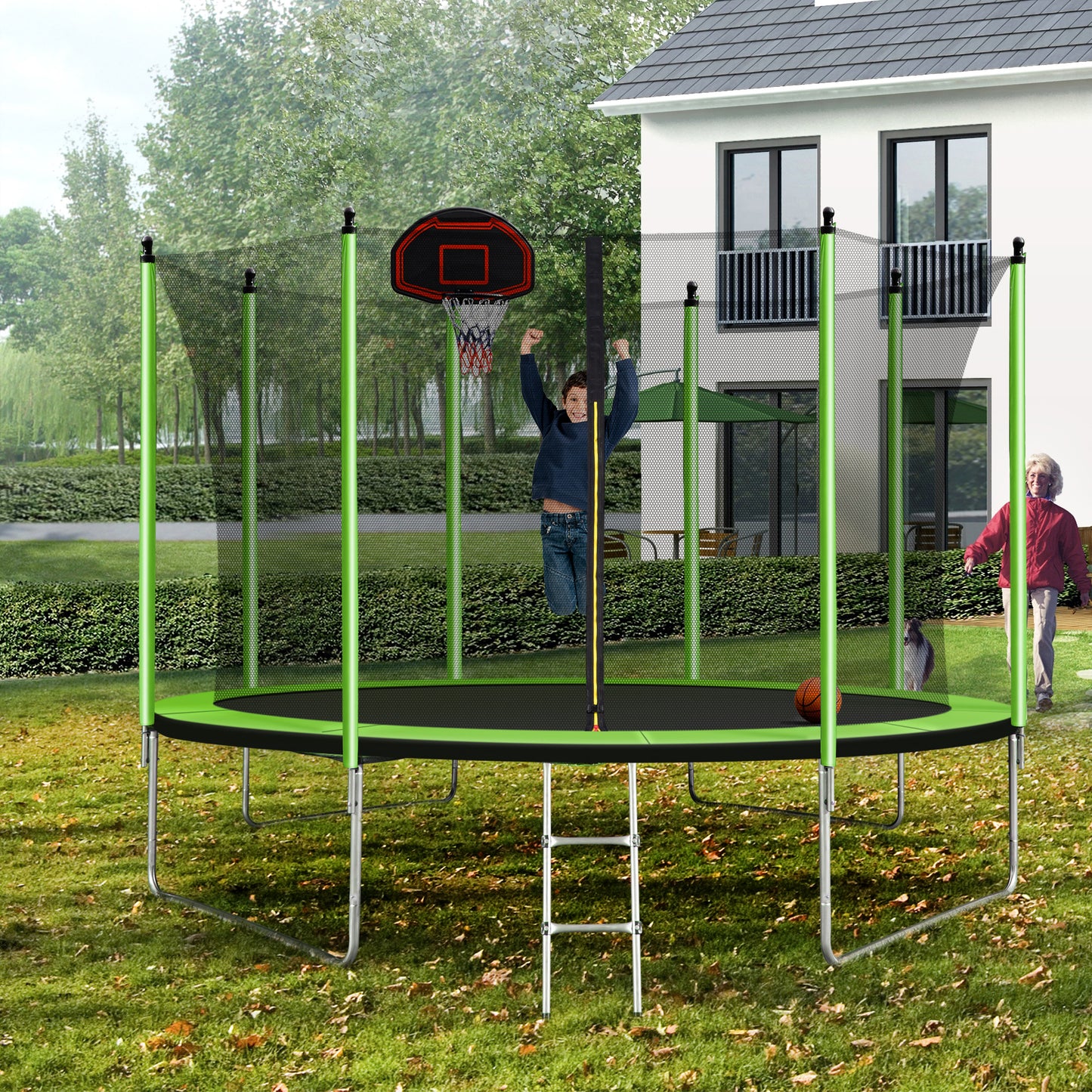 10FT  Trampoline with Basketball Hoop Inflator and Ladder