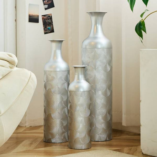 Modern floor vases set of 3 with stylish wave pattern in silver metallic finish, ideal for contemporary home decor in living rooms or entryways.