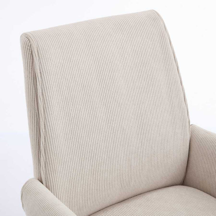 Detailed view of the white corduroy backrest on ergonomic office chair, showcasing texture and supportive mid-back design.