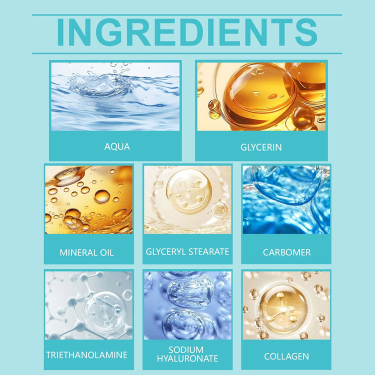 List of skincare ingredients with corresponding images on a teal background
