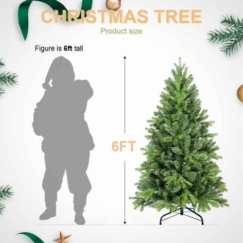 Green Christmas tree size chart with person silhouette