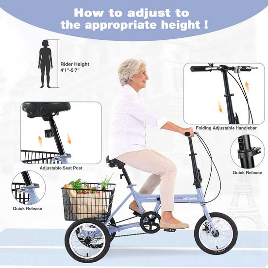Folding Tricycle for Adults, 14 Inch 3 Wheel Bikes for Adult