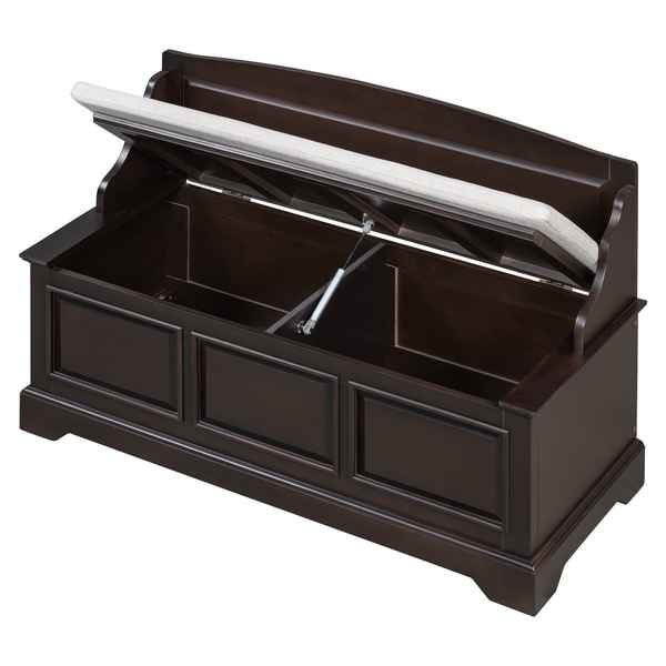 A dark brown wooden storage bench with a cushioned seat, shown with the lid open to reveal storage space and a gas strut support, isolated on a white background.