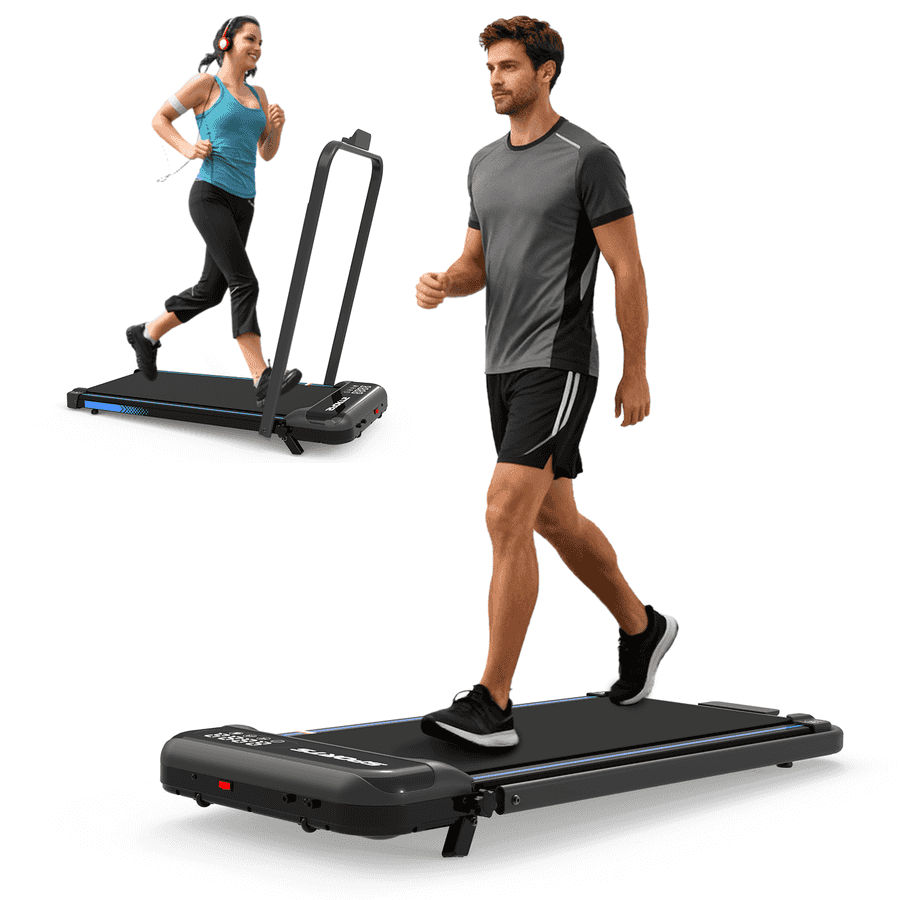 Woman running on a foldable treadmill with a handlebar, black running surface, used for cardio exercise