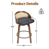 Detailed view of a modern bar stool with a wooden frame, cane backrest, black cushioned seat, and adjustable height of 26 inches, designed for kitchen or bar seating.