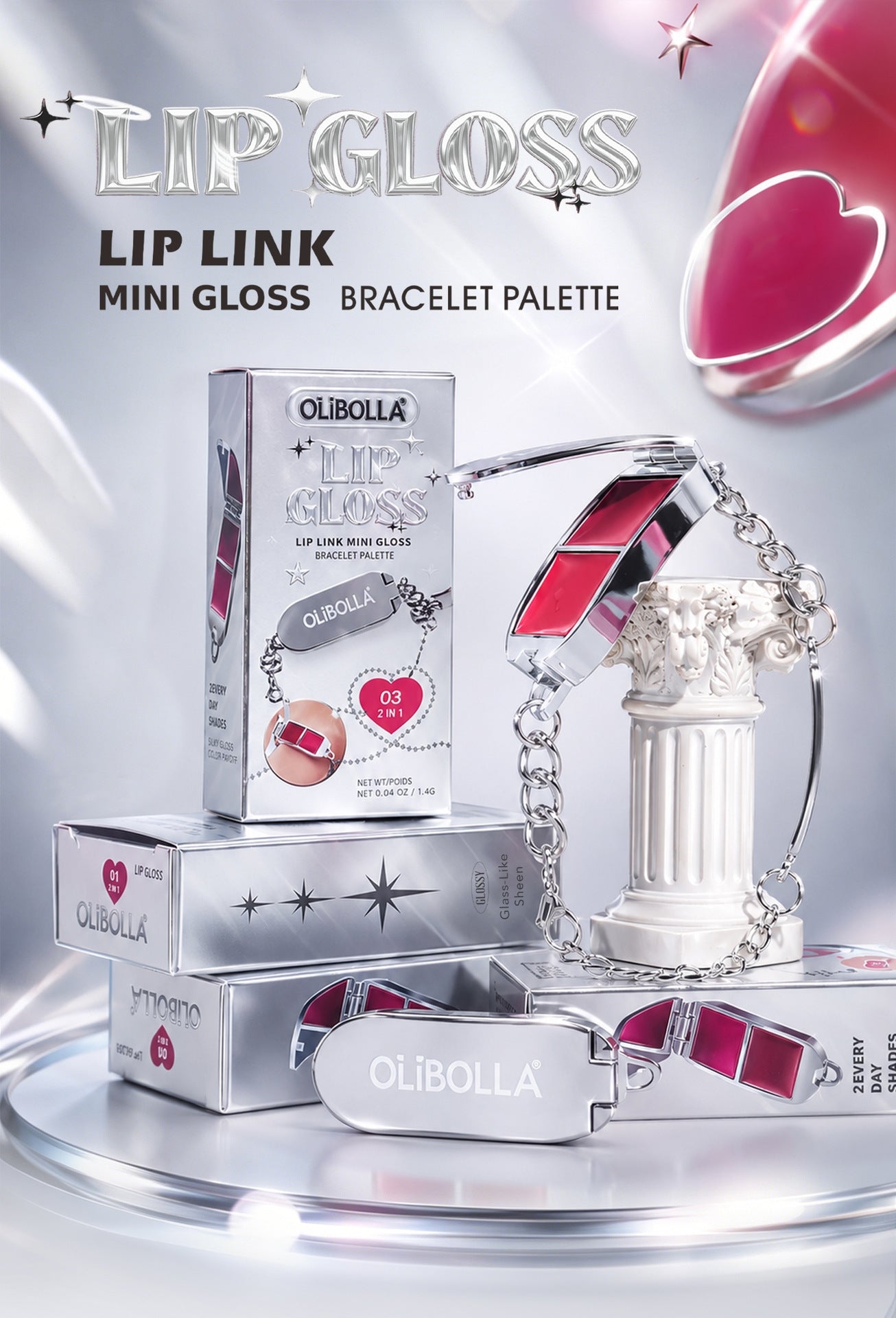 Olibolla Lip Gloss Bracelet Palette set featuring silver-toned packaging, a silver chain bracelet with a red gloss tip, a small white classical column, and multiple compact boxes on a reflective silver surface.
