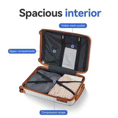 Color options of 5-piece luggage sets in white, black, green, and blue with matching travel bags, suitable for various styles