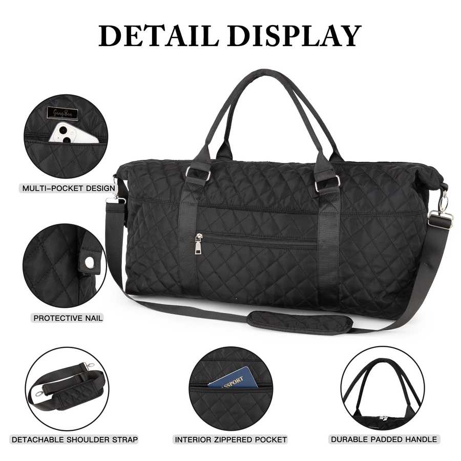 Black quilted duffel bag with various features highlighted on a white background