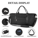 Black quilted duffel bag with various features highlighted on a white background