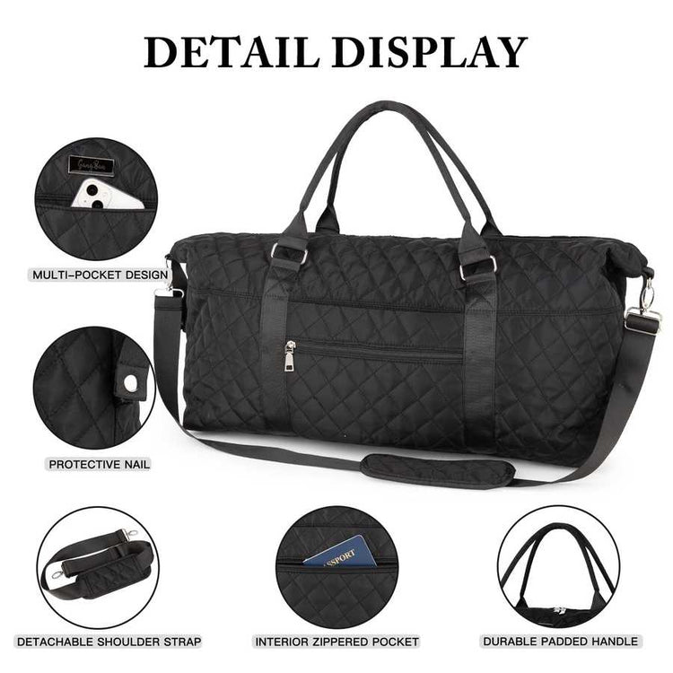 Black quilted duffel bag with various features highlighted on a white background