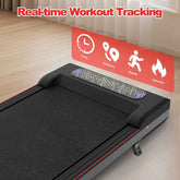 Close-up of treadmill control panel with real-time workout tracking icons for time, distance, speed, and calories