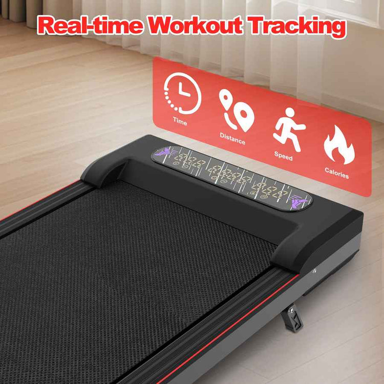 Close-up of treadmill control panel with real-time workout tracking icons for time, distance, speed, and calories