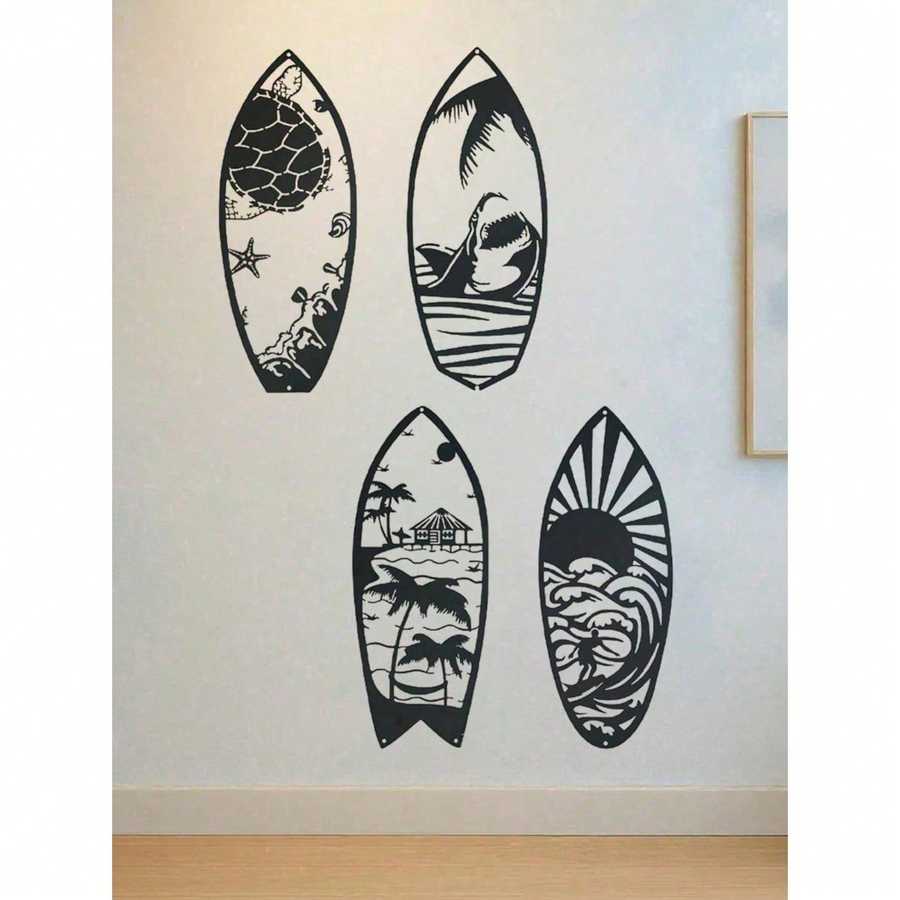 Iron surfboard wall art with beach and ocean cutouts arranged in a square layout, perfect for modern coastal home and garden decor.