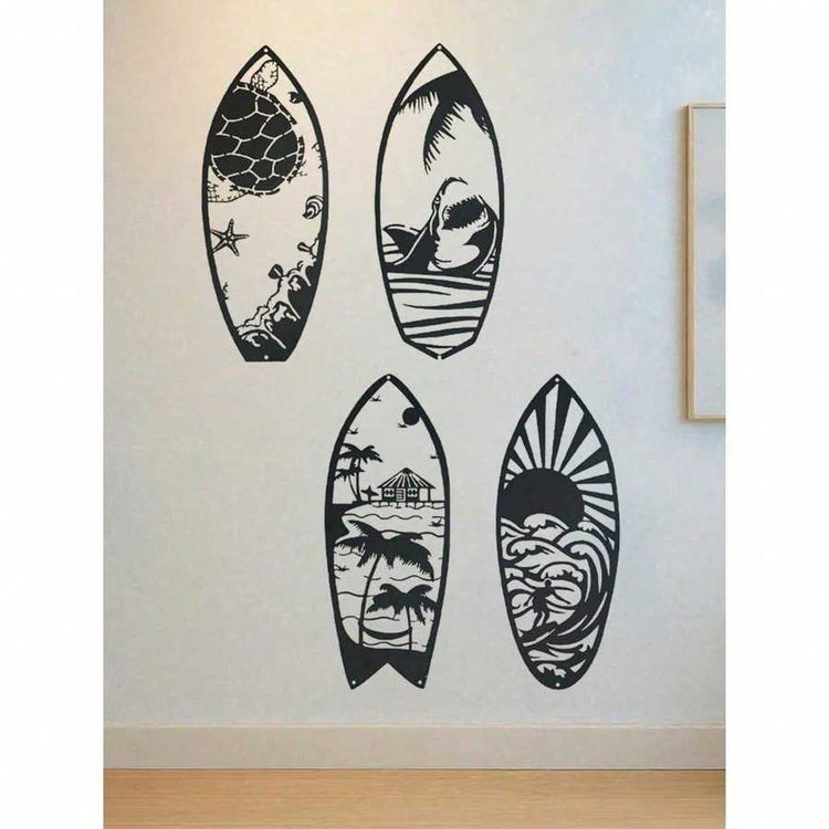 Iron surfboard wall art with beach and ocean cutouts arranged in a square layout, perfect for modern coastal home and garden decor.