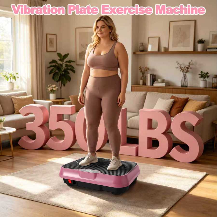 Woman standing on a vibration plate exercise machine in a living room with large pink numbers indicating weight capacity.