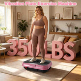 Woman standing on a vibration plate exercise machine in a living room with large pink numbers indicating weight capacity.
